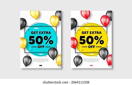 Obtén un 50% extra de la venta. Afiches de volante con globos realistas cubiertos. Signo de precio de oferta de descuento. Símbolo de oferta especial. Ahorra 50 por ciento. Afiches blancos de marco de texto extra de descuento. Vector