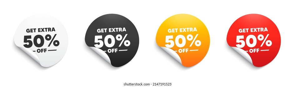 Obtén un 50% extra de la venta. Tarjeta de etiqueta redonda con oferta. Signo de precio de oferta de descuento. Símbolo de oferta especial. Ahorra 50 por ciento. Banner de etiqueta de papel. Etiqueta adhesiva de descuento adicional. Vector