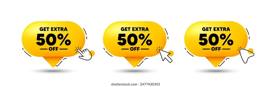 Get Extra 50 percent off Sale. Click here buttons. Discount offer price sign. Special offer symbol. Save 50 percentages. Extra discount speech bubble chat message. Talk box infographics. Vector