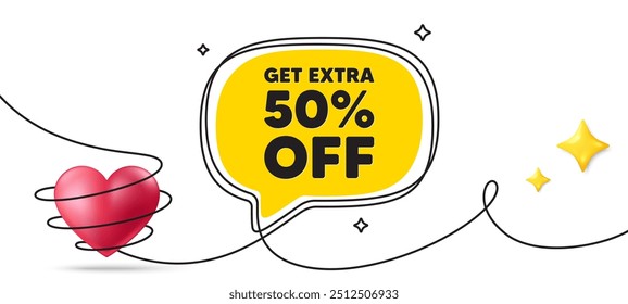 Ganhe 50% extra de desconto. Banner de arte de linha contínua. Sinal de preço de oferta de desconto. Símbolo de oferta especial. Economize 50%. Fundo de balão de fala de desconto extra. Ícone de coração 3d embrulhado. Vetor