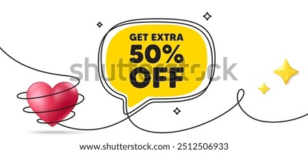 Get Extra 50 percent off Sale. Continuous line art banner. Discount offer price sign. Special offer symbol. Save 50 percentages. Extra discount speech bubble background. Wrapped 3d heart icon. Vector