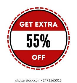 Get Extra 55% off Sale. 55 Percent circle sticker banner, badge symbol vector illustration