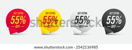 Get Extra 55% off sale sign. Promotion badge. Discount offer price sign. Extra discount message. Promo tag for shopping, marketing, advertisement, banner and web. Vector illustration.
