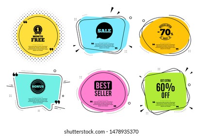Get Extra 60% off Sale. Best seller, quote text. Discount offer price sign. Special offer symbol. Save 60 percentages. Quotation bubble. Banner badge, texting quote boxes. Extra discount text. Vector