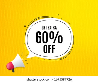 Consigue un 60% adicional de descuento en la venta. Banner megáfono con burbuja de chat. Indicador de precio de oferta de descuento. Símbolo de oferta especial. Ahorre 60 por ciento. Altavoz con burbuja de habla. Texto de promoción de descuento adicional. Vector