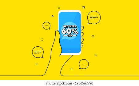 Obtén un 60% extra de la venta. Mano sostén el teléfono. Banner amarillo con línea continua. Signo de precio de oferta de descuento. Símbolo de oferta especial. Ahorra el 60%. Banner de teléfono móvil. Mano de línea continua. Vector