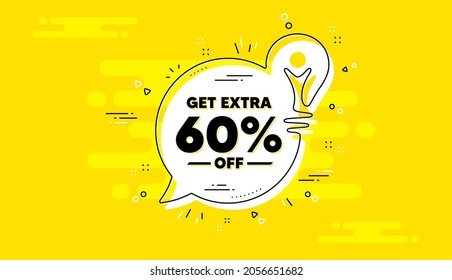 Sichern Sie sich zusätzliche 60 % Rabatt auf den Verkauf. Idea gelbe Chat-Blase-Banner. Preisschild des Rabatts. Sonderangebot-Symbol. Sparen Sie 60 %. Extra Discount Chat-Nachricht Glühbirne. Vektorgrafik