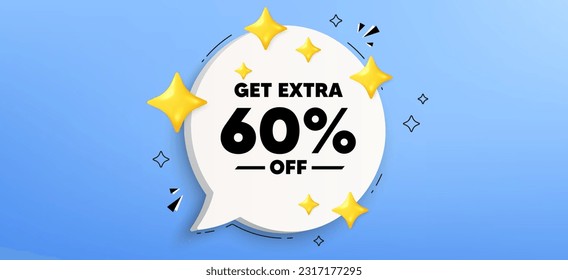 Obtén un 60% extra de la venta. Cartel de la burbuja del discurso de chat. Signo de precio de oferta de descuento. Símbolo de oferta especial. Ahorra 60 por ciento. Mensaje de burbuja de discurso de descuento adicional. infografía de la caja de llamadas. Vector