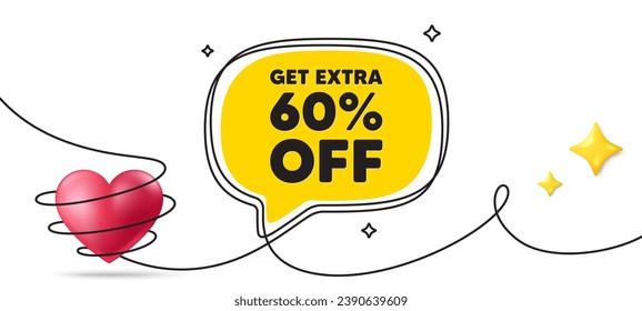 Get Extra 60 percent off Sale. Continuous line art banner. Discount offer price sign. Special offer symbol. Save 60 percentages. Extra discount speech bubble background. Wrapped 3d heart icon. Vector