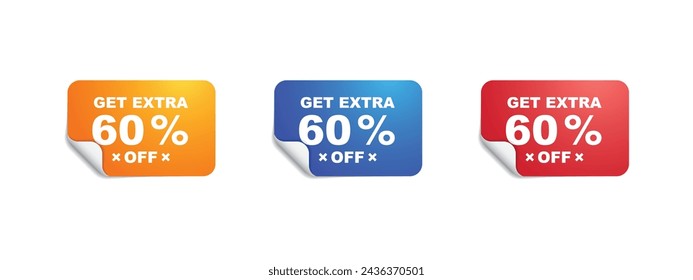 Obtenga un 60 por ciento extra de descuento en su compra, etiqueta engomada cuadrada con oferta, conjunto de pegatinas de publicidad cuadrada de colores, con un ahorro del 60 por ciento, ilustración vectorial.
