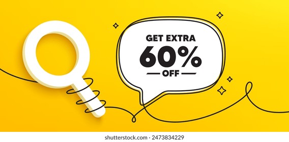 Consiga un 60% de descuento adicional en ventas. Anuncio de chat en línea continua. Precio de oferta de descuento. Símbolo de oferta especial. Guardar 60 porcentajes. Mensaje de burbuja de discurso de descuento adicional. Icono de búsqueda 3d ajustado. Vector