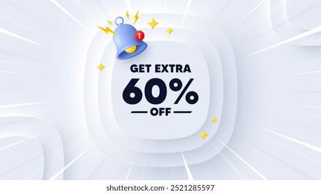 Obtenha 60% extra de desconto. Banner neumórfico com explosão solar. Sinal de preço de oferta de desconto. Símbolo de oferta especial. Economize 60%. Mensagem de desconto adicional. Faixa com lembrete 3d. Vetor