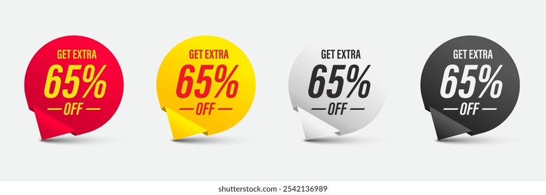 Get Extra 65% off sale sign. Promotion badge. Discount offer price sign. Extra discount message. Promo tag for shopping, marketing, advertisement, banner and web. Vector illustration.