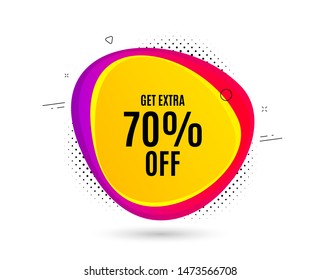 Get Extra 70% off Sale. Banner text shape. Discount offer price sign. Special offer symbol. Save 70 percentages. Geometric vector banner. Extra discount text. Gradient shape badge. Vector