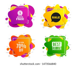 Get Extra 70% off Sale. Liquid shape, various colors. Discount offer price sign. Special offer symbol. Save 70 percentages. Geometric vector banner, square frames. Extra discount text. Vector