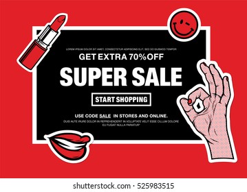 "Get Extra 70% Off. Super Sale. Start Shopping" Web Banner with Fashion Patch Badges with lipstick, hand sign ok, lips on Red Background. Vector illustration. 