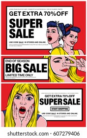 "Get Extra 70% Off. Super Sale. Use code sale in stores and online" Banner with Surprised Blonde Girl (retro comic art style) on Red Background. Vector illustration.