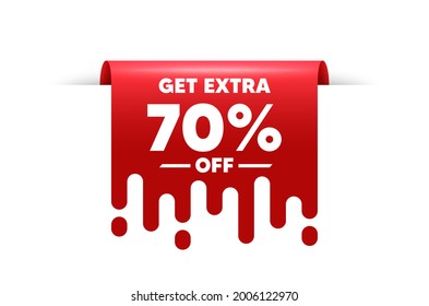 Get Extra 70 percent off Sale. Red ribbon tag banner. Discount offer price sign. Special offer symbol. Save 70 percentages. Extra discount sticker ribbon badge banner. Red sale label. Vector