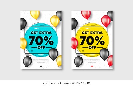 Sichern Sie sich zusätzliche 70 % Rabatt auf den Verkauf. Flyer-Plakate mit realistischer Ballonabdeckung. Preisschild des Rabatts. Sonderangebot-Symbol. Sparen Sie 70 Prozentsätze. Extra Rabatt Text Rahmen weiße Plakate. Vektorgrafik