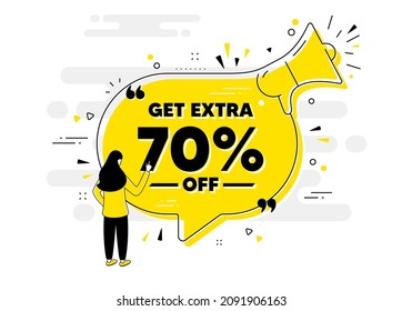 Get Extra 70 percent off Sale. Alert megaphone chat banner with user. Discount offer price sign. Special offer symbol. Save 70 percentages. Extra discount chat message loudspeaker. Vector