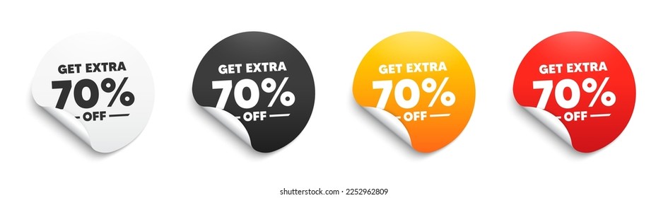 Obtén un 70% extra de la venta. Tarjeta de etiqueta redonda con oferta. Signo de precio de oferta de descuento. Símbolo de oferta especial. Ahorra 70 por ciento. Banner de etiqueta de papel. Etiqueta adhesiva de descuento adicional. Vector