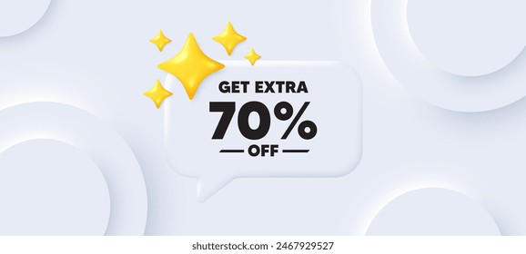 Consiga un 70% de descuento adicional en ventas. Fondo neumórfico con burbuja de discurso de chat. Precio de oferta de descuento. Símbolo de oferta especial. Guardar 70 porcentajes. Mensaje de discurso de descuento adicional. Vector