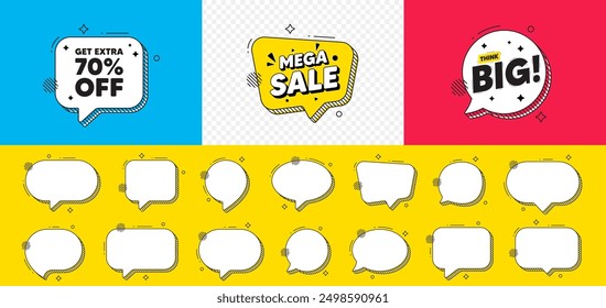 Get Extra 70 percent off Sale. Mega sale chat speech bubble. Discount offer price sign. Special offer symbol. Save 70 percentages. Extra discount chat message. Think big speech bubble banner. Vector