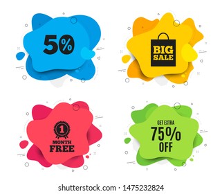 Get Extra 75% off Sale. Liquid shape, various colors. Discount offer price sign. Special offer symbol. Save 75 percentages. Geometric vector banner. Extra discount text. Gradient shape badge. Vector