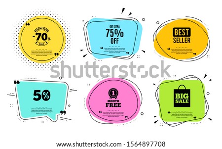 Get Extra 75% off Sale. Best seller, quote text. Discount offer price sign. Special offer symbol. Save 75 percentages. Quotation bubble. Banner badge, texting quote boxes. Extra discount text. Vector
