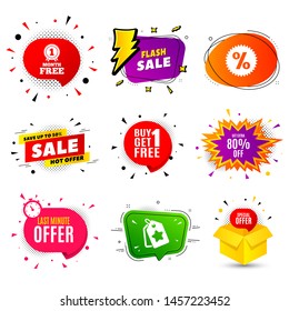 Get Extra 80% off Sale. Banner badge, flash sale bubble. Discount offer price sign. Special offer symbol. Save 80 percentages. Last minute offer. Sticker badge, comic bubble. Discounts box. Vector