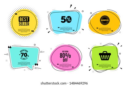 Get Extra 80% off Sale. Best seller, quote text. Discount offer price sign. Special offer symbol. Save 80 percentages. Quotation bubble. Banner badge, texting quote boxes. Extra discount text. Vector