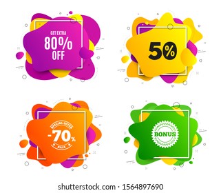 Get Extra 80% off Sale. Liquid shape, various colors. Discount offer price sign. Special offer symbol. Save 80 percentages. Geometric vector banner, square frames. Extra discount text. Vector