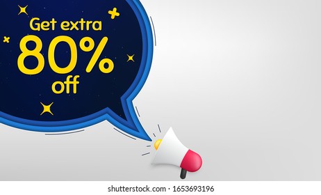 Consigue un 80% adicional de descuento en la venta. Banner megáfono con burbuja de habla. Indicador de precio de oferta de descuento. Símbolo de oferta especial. Ahorre 80 por ciento. Altavoz con burbuja de chat. Concepto de estrellas nocturnas. Vector