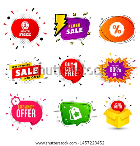 Get Extra 80% off Sale. Banner badge, flash sale bubble. Discount offer price sign. Special offer symbol. Save 80 percentages. Last minute offer. Sticker badge, comic bubble. Discounts box. Vector