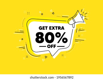 Get Extra 80 percent off Sale. Megaphone yellow vector banner. Discount offer price sign. Special offer symbol. Save 80 percentages. Thought speech bubble with quotes. Vector