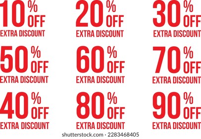 Get extra bonus with 15 percent off discount on shopping. Extra discount sticker label set. Discount label with 30, 10, 20, 40, 50, 60, 70, 80, 90 percent off. Price reduction with different discount