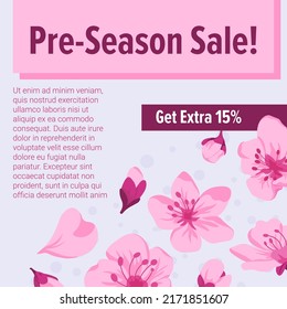 Get an extra fifteen percent sale, reduction of price, and discounts. Exclusive bargain and clearance. Blooming flowers of cherry blossom, sakura spring seasonal sell our. Vector in flat style