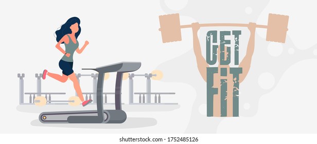 Get Fit Banner. Girl runs on a treadmill. A woman runs on a simulator. Cardio workout, weight loss. The concept of losing weight and a healthy lifestyle. Vector.