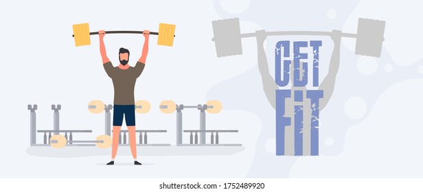 Get Fit Banner. The guy raises the 
barbell. A man holds a dumbbell. Workout, weight loss. The concept of losing weight and a healthy lifestyle. Vector.