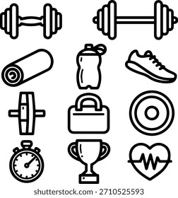 ¡Ponte en forma con estilo! Iconos de accesorios de gimnasio de Vector, perfectos para diseños de fitness.