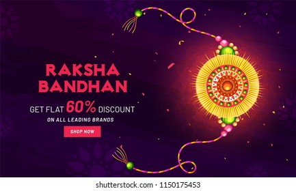 Get flat 60% discount offer for Raksha Bandhan festival, banner design with glossy golden rakhi (wristband) on purple background. Get flat 60% discount offer for Raksha Bandhan festival, banner design with glossy golden rakhi (wristband) on purple background.