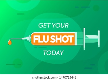 Get flu shot today because winter is coming. Vaccine injection or syringe symbol. Pharmacy jab background. Bright vibrant green vector illustration with lines for medical design. 