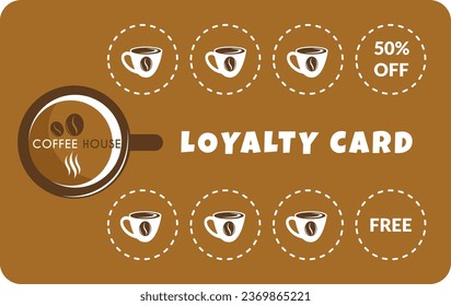 Get free cup at cafe or restaurant, coffee shop offer for clients. Loyalty card, mugs for customers. Tasty aromatic beverage for drinking. Promotional banner, advertisement vector in flat style