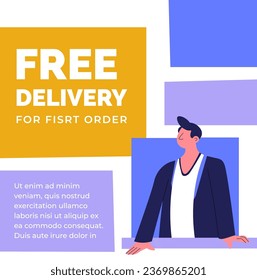 Get free delivery for first order, businessman or salesperson working in sales selling products for clients. Worker in suit, owner or leader. Promotional banner, advertising vector in flat style