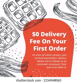 Get free delivery on first order, breakfast or dinner menu. Waffles and bacon, first course and dessert. Monochrome sketch outline promotional banner, advertisement poster. Vector in flat style
