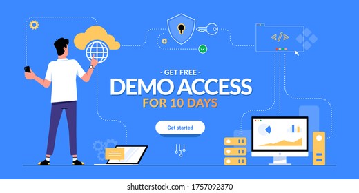 Get free demo access to SaaS, PaaS or IaaS promotional advertising banner. Man looking on cloud computing services scheme