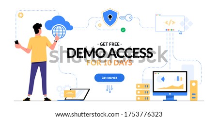 Get free demo access to SaaS, PaaS or IaaS promotional advertising banner. Man looking on cloud computing services scheme and get started CTA button isolated on white. Optimization of business process
