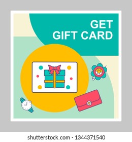 Get free gift card social media posts mockup. Special offer. Advertising web banner design template. Social media booster, content layout. Isolated promotion border, frame with headlines, linear icons