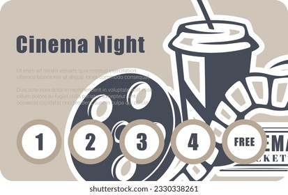 Get free movie with loyalty card for customers. Cinema night, discounts and sales. Template with reels and plastic cup with straw. Rewards for clients for buying products. Vector in flat style