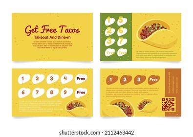 Get free tacos loyalty promo card collection vector flat illustration. Set marketing special offer advertising gift buying price Mexican national snack. Fast food restaurant warranty voucher, coupon